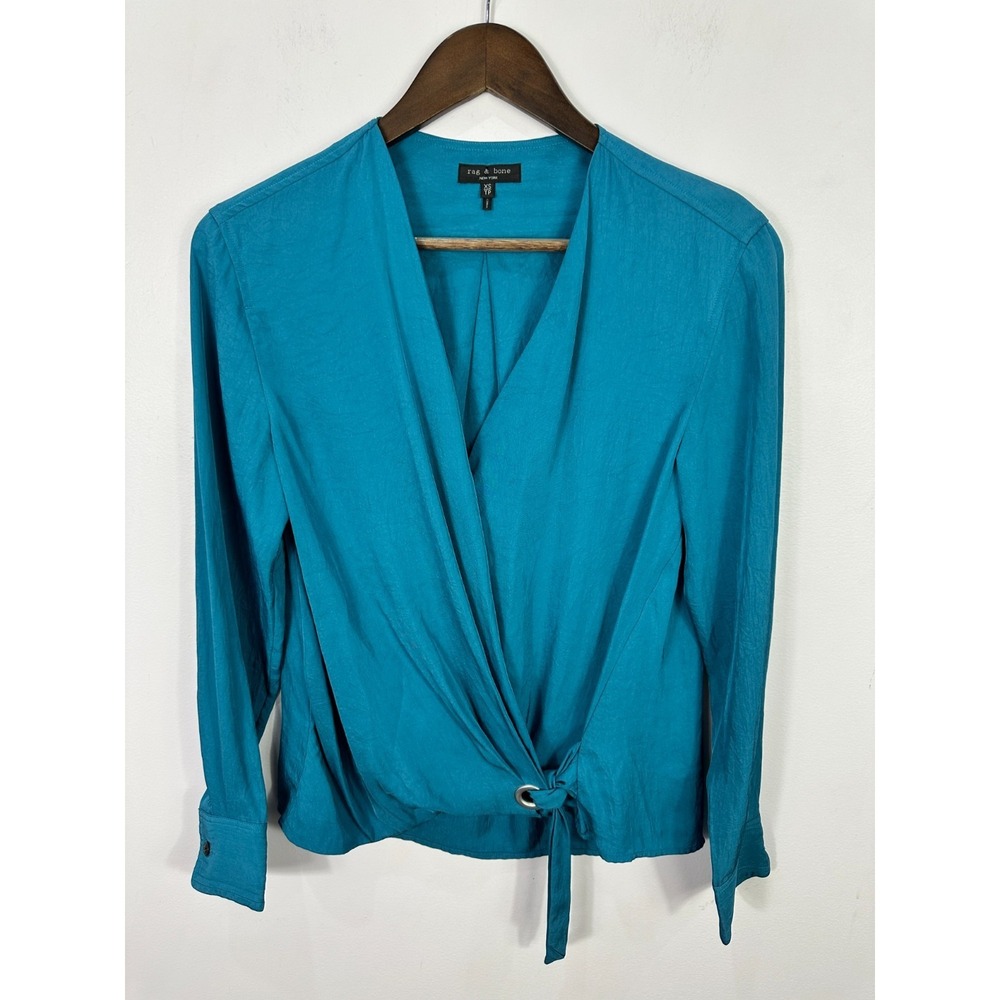 Rag & Bone Faux Wrap Top Womens XS Teal Blue Long Sleeve Quiet Luxury Jewel Tone